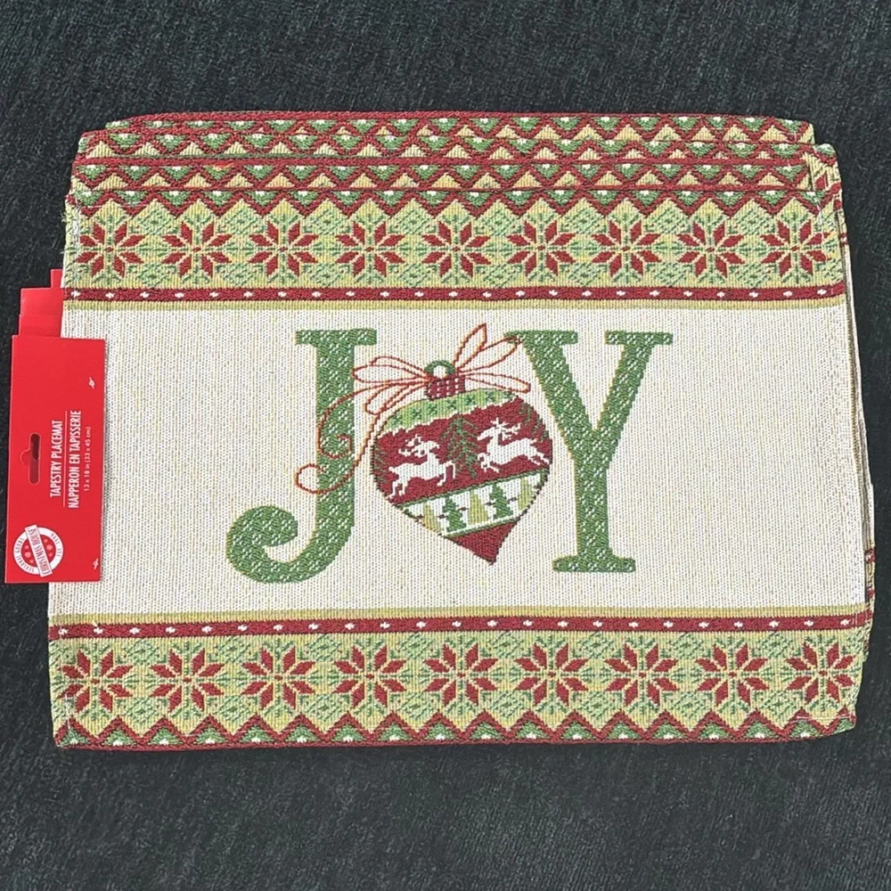 NWT- Set of 4- Cream- Red & Green JOY Ornament Holiday Tapestry Placemats 13x18